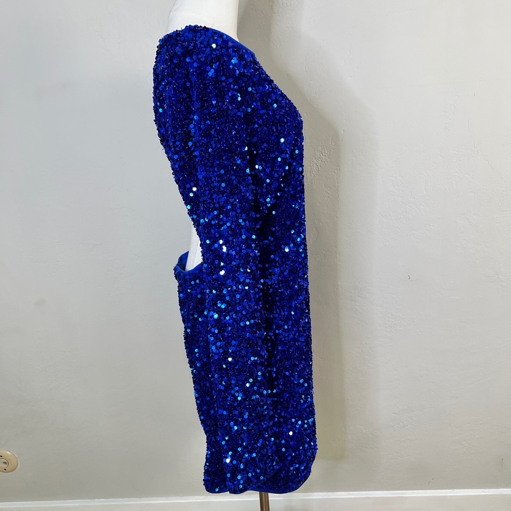 Lulus Blue Allover Sequin Open Back Long Sleeve Mini Dress Cocktail Party XL NWT - Picture 5 of 8